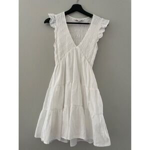 Hyfve White Smocked Tiered Mini Dress Ruffle Cap Sleeve V-Neck Small